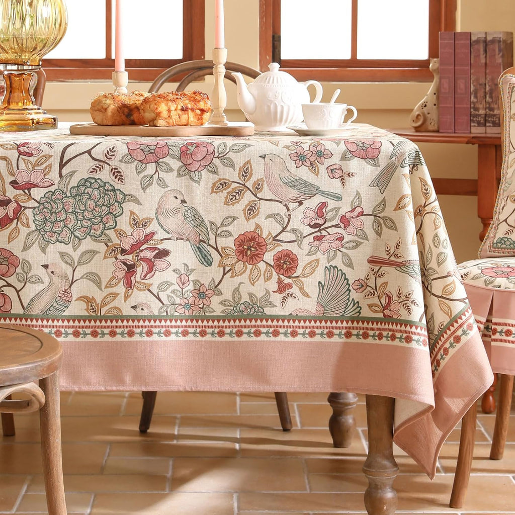 Designer Pink Linen Table Cloth for Rectangle Table,Vintage Floral with Birds Pattern Decorative Tab