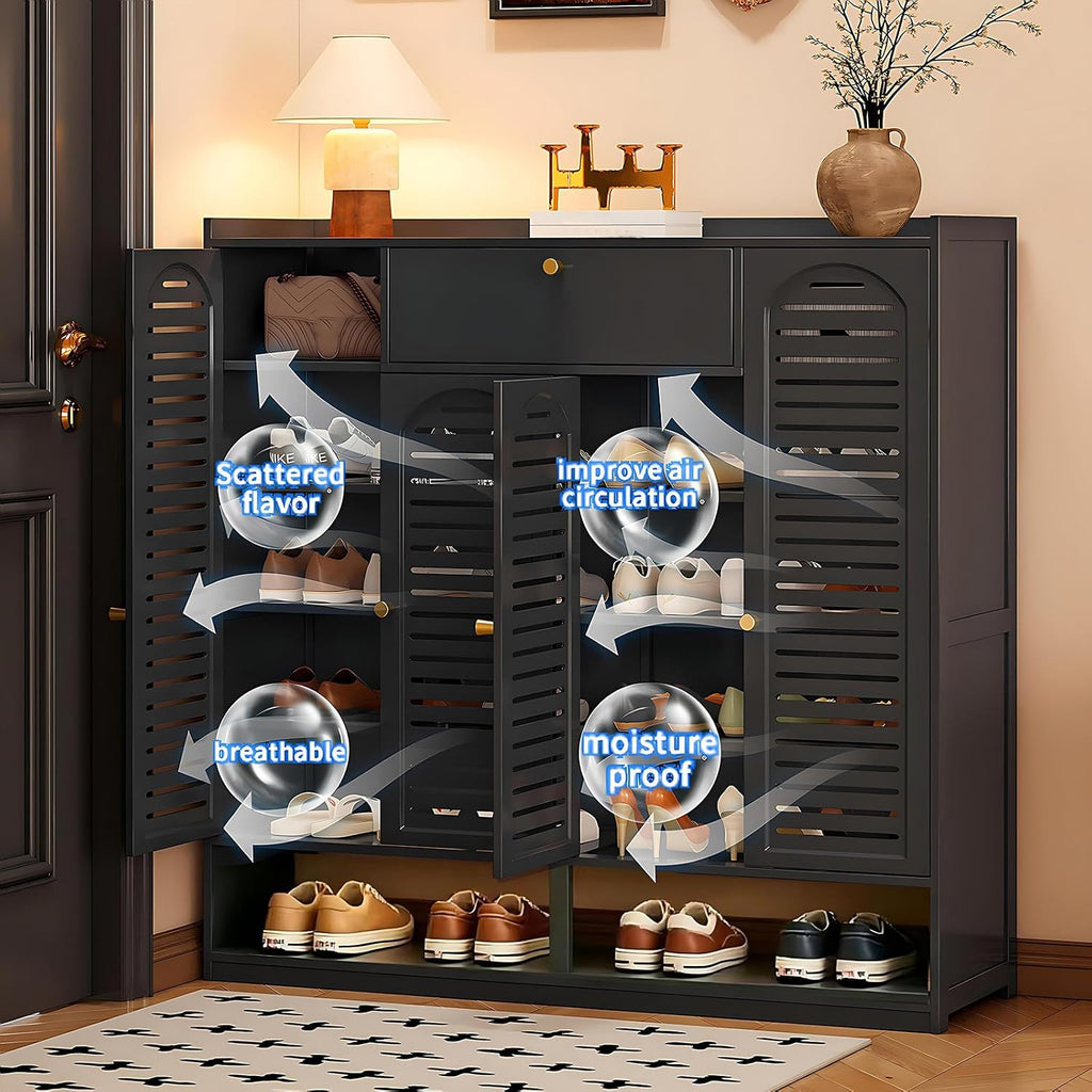 Shoe Cabinet with Louvered Doors, Freestanding Entryway Shoe Storage Cabinet with Drawer & Open Compartment, Modern