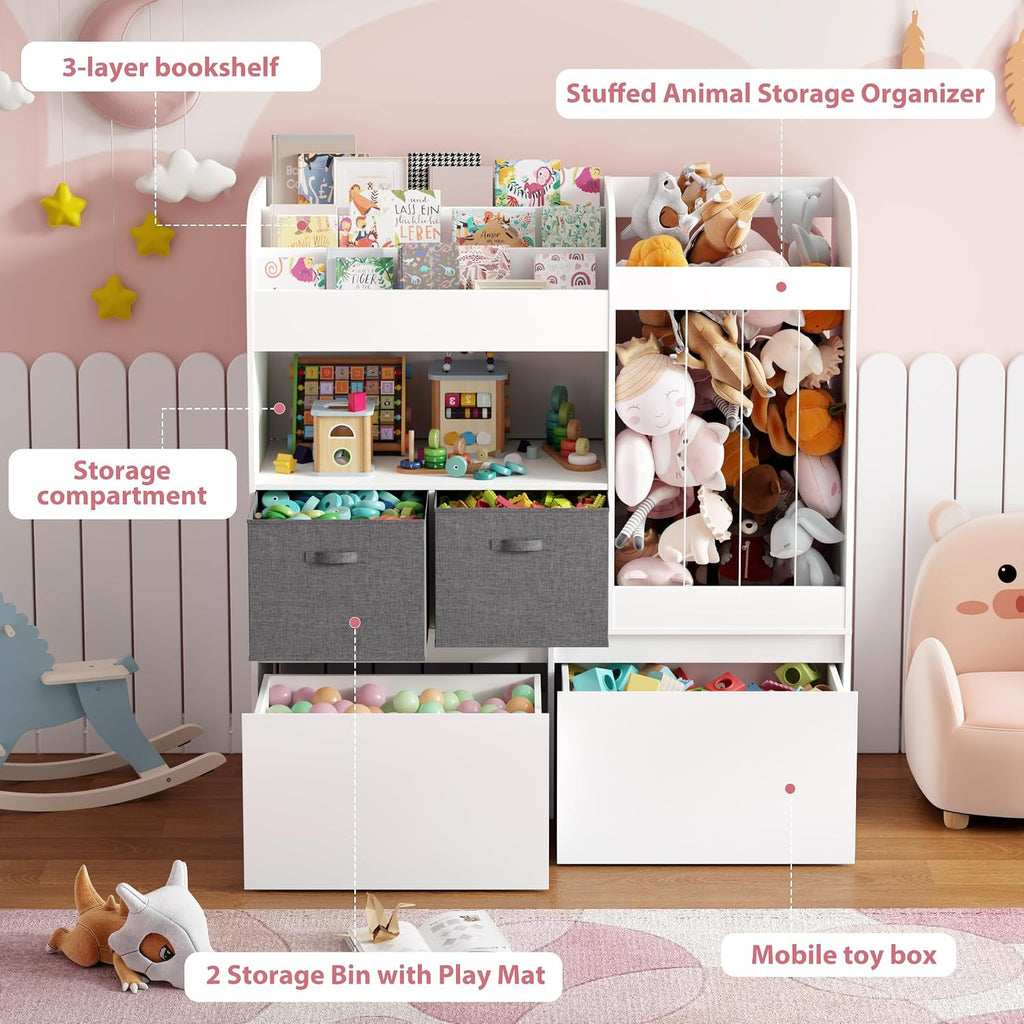 Kids Bookshelf, Stuffed Animal Storage with Play Mat, Wooden Toy Storage Organizer with 2 Movable Drawers and 3 Tier