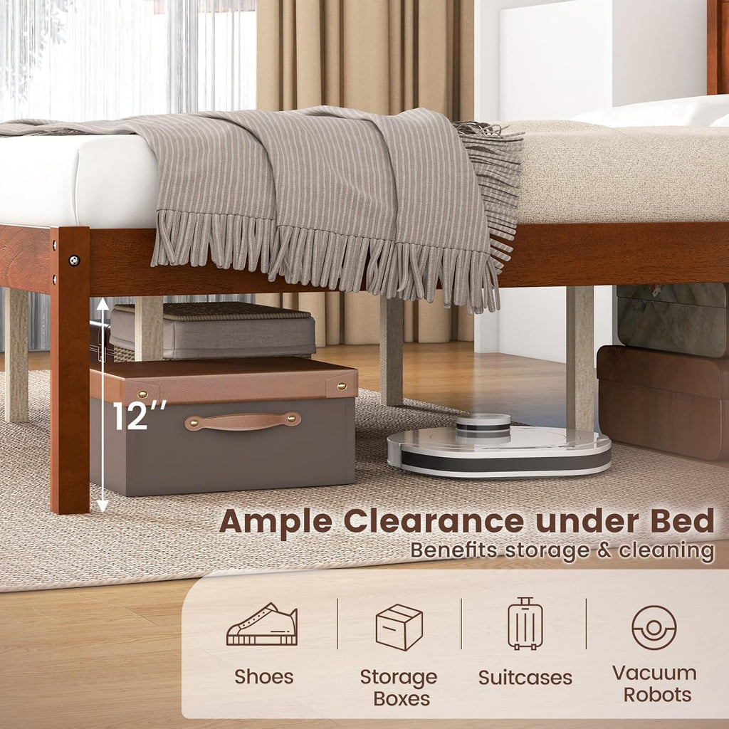 Queen Wood Platform Bed Frame with Headboard, Mid Century Queen Bed Frame with Wood Slat Support, Solid Wood