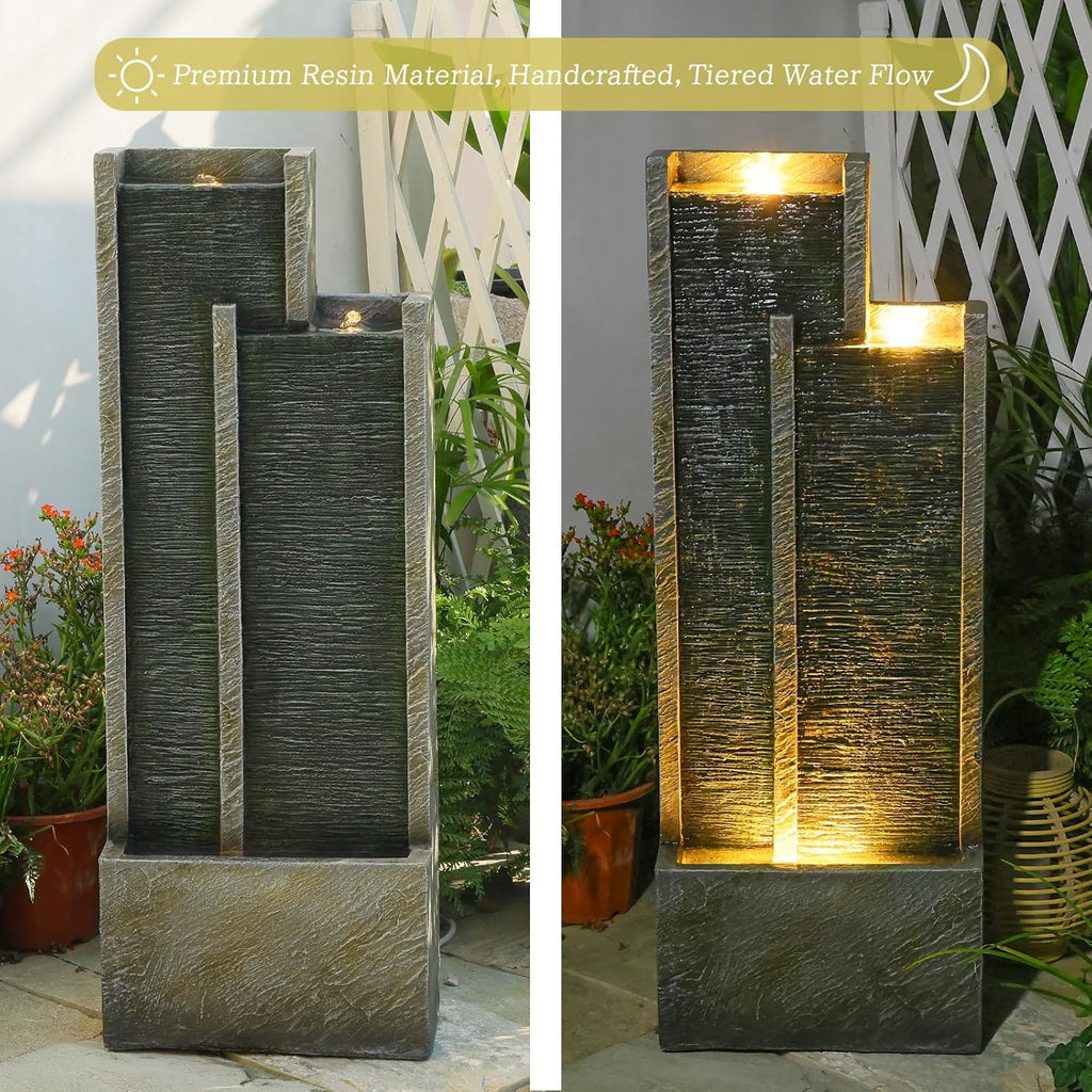 Modern Tiered Waterfall Fountain with Lights - Indoor Rectangular Water Feature - 35.4"H Waterfall Fountains Decor