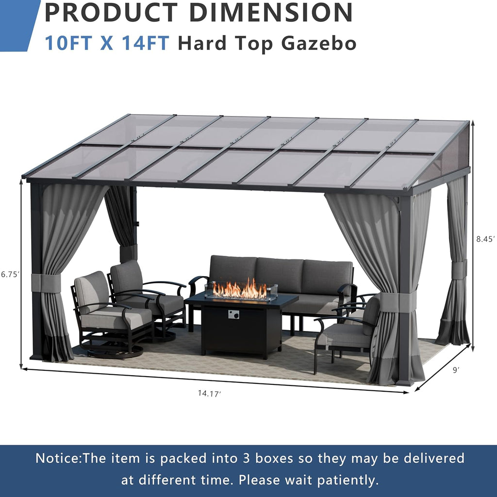 10'x 14' Outdoor Hardtop Pergola,Wall Mounted Lean to Gazebo with Curtains and Netting,Galvanized Metal