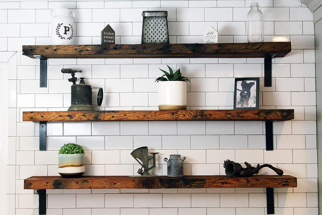 Reclaimed Wood Wall Shelf with Steel Angle Brackets | Rustic Decoration | 2" Thickness | 24" L x 8" D, Early American