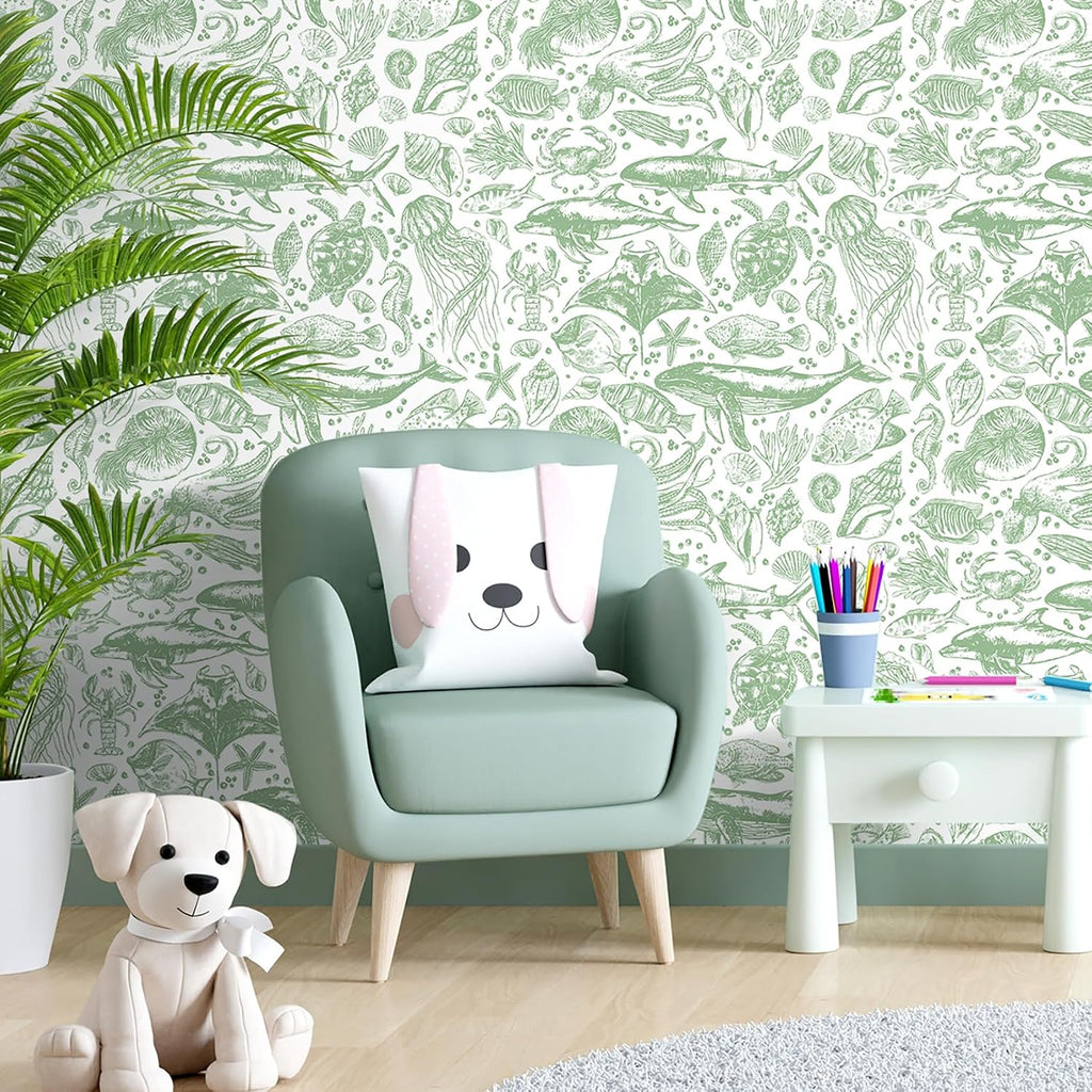 17.5x276 Coastal Peel and Stick Wallpaper Green Contact Paper Beach Nautical Ocean Renter Friendly Whale Shark Sage