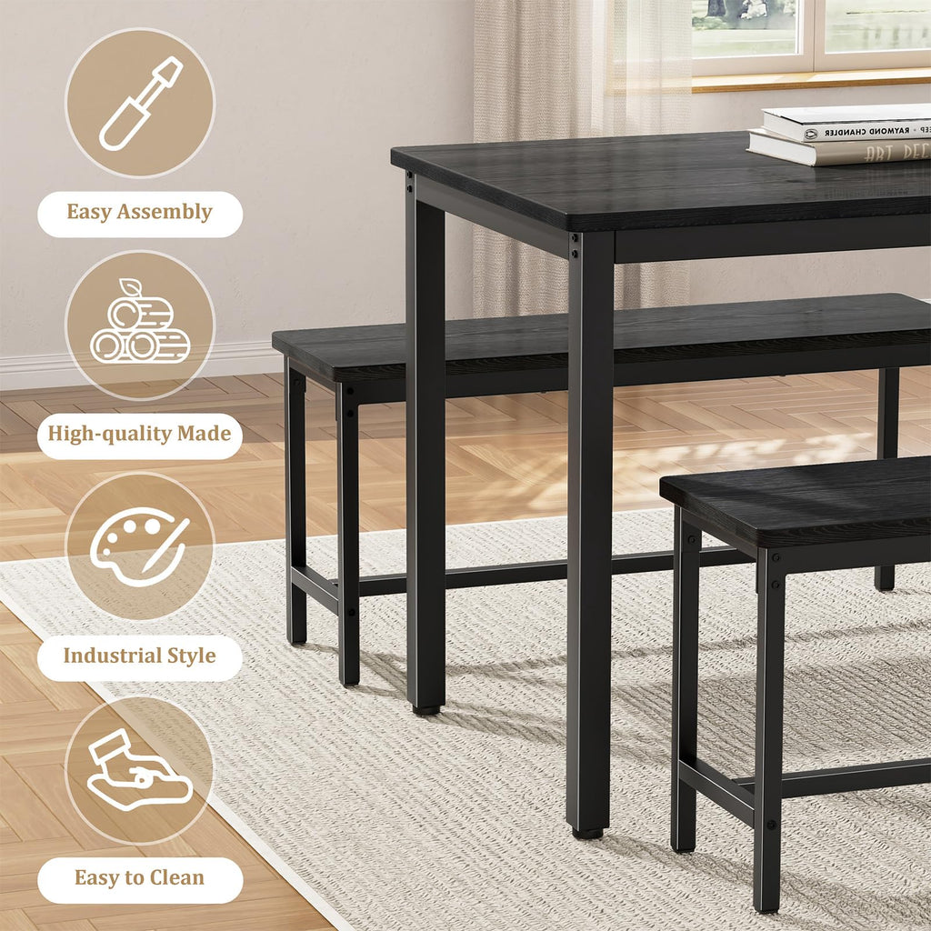 Dining Table Set for 4, 3-Piece Kitchen Table with 2 Benches, Black