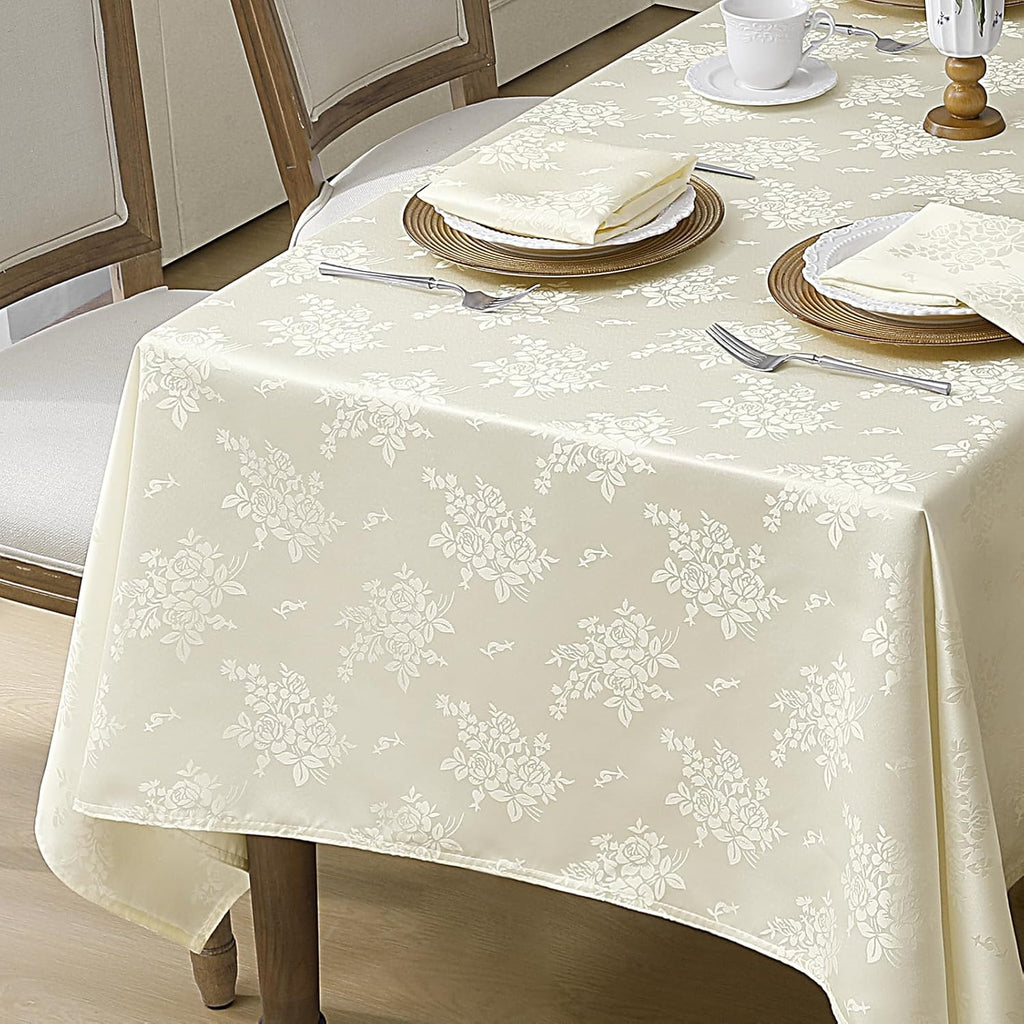 Jacquard Rectangle Tablecloth, Waterproof Elegant Damask Rose Floral Pattern Table Cloth, Washable D