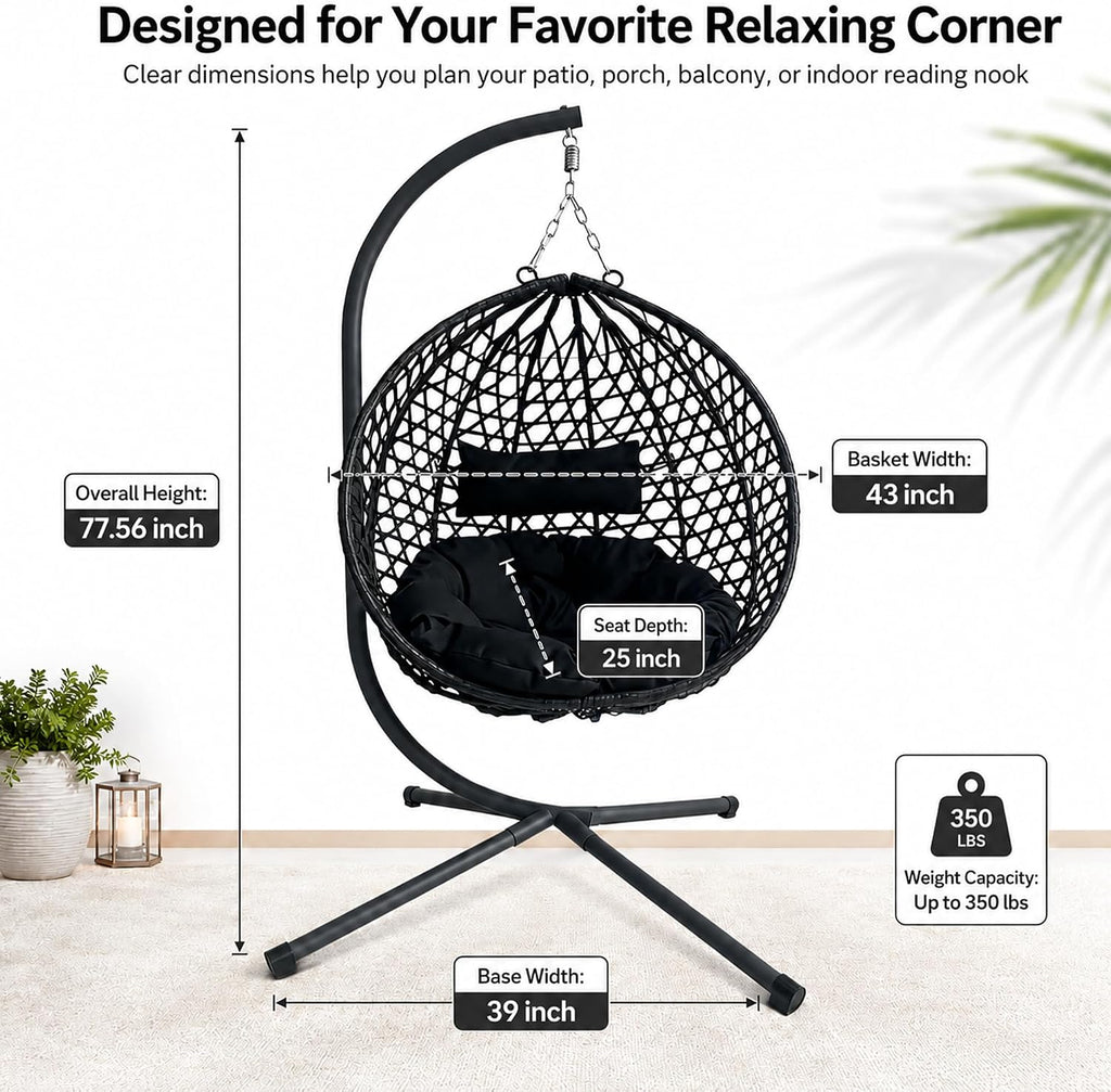 Outdoor Swing Chair, Folding Hanging Egg Chair with Stand Outdoor, PE Rattan Egg Swing Chair with Cushion & Pillow