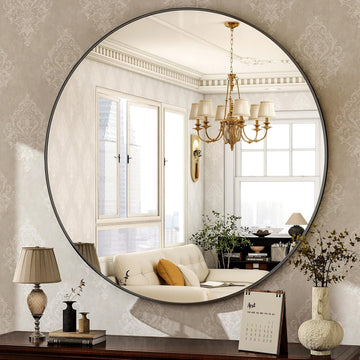 Round Mirror 30 Black Wall Mounted Circle Mirrors Vanity Mirror with Brushed Aluminum Alloy Frame Modern Decoration