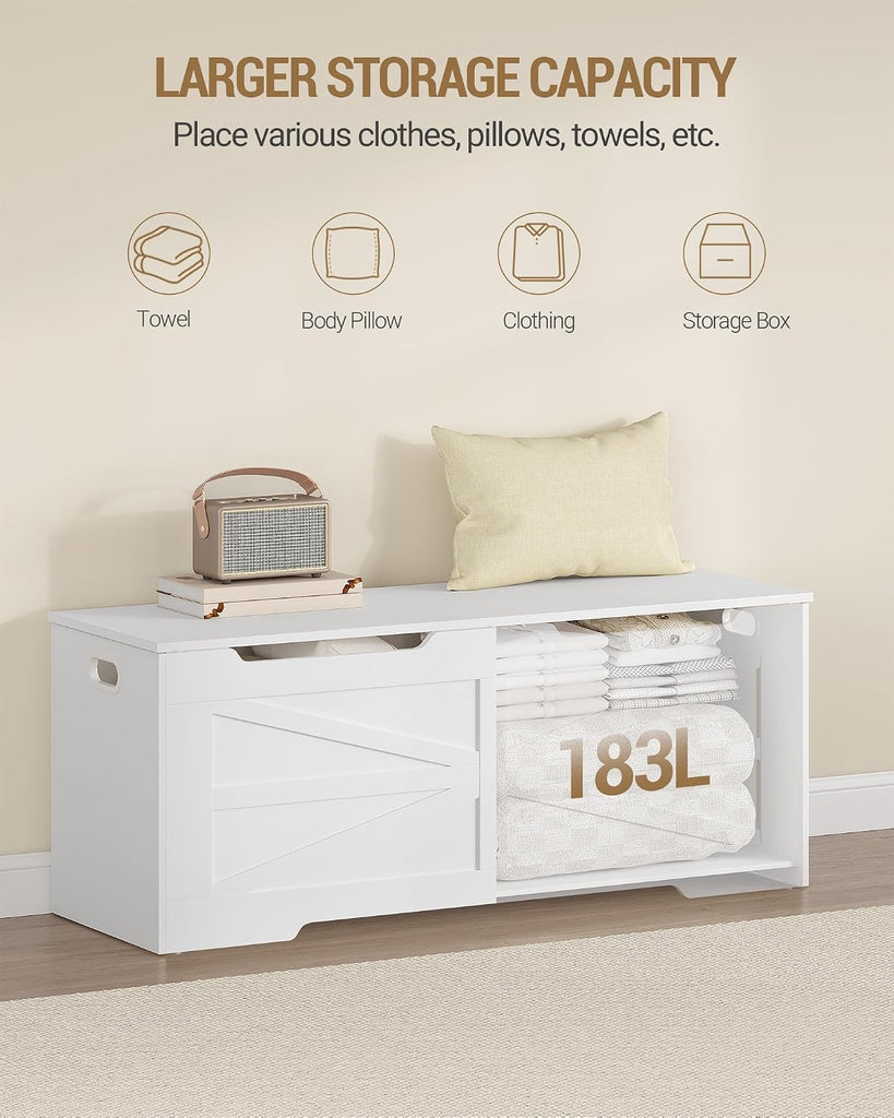 47" Large Storage Bench, 225L/59Gal FSC Wood Chest | Pure White | 330lb Seating | Double Hinges | Bedroom Blanket