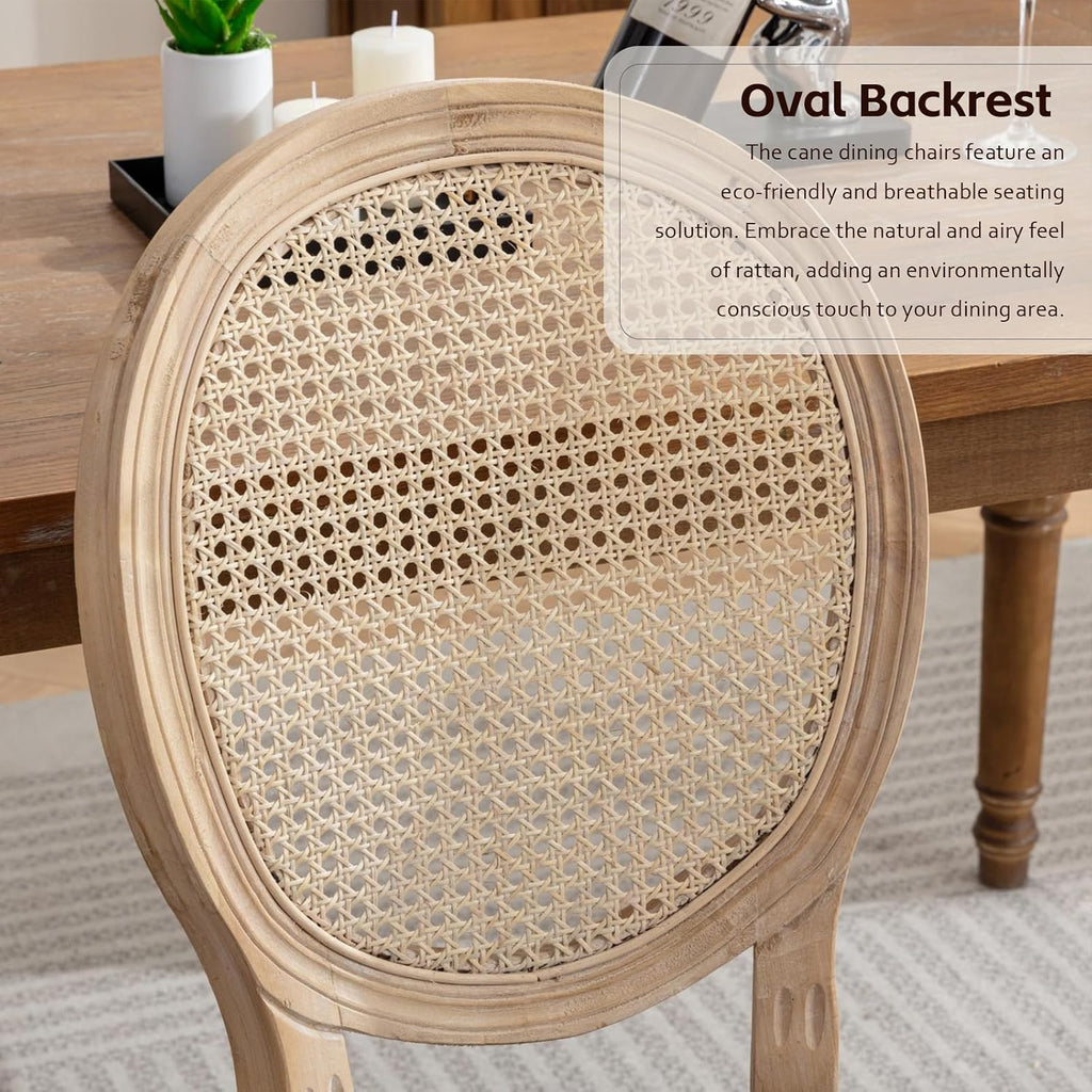 Rattan Back Upholstered Dining Chairs Set of 4 French Country Oval Kitchen Side Chairs with Wood Legs for Dining Room