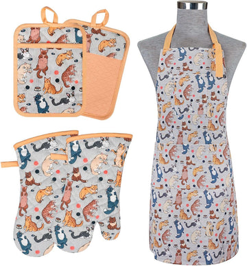 Oven Mitts and Pot Holders with Chef Apron,Kitchen Set of 5 | Heat Resistant Kitchen Gloves and Silicone Non-Slip