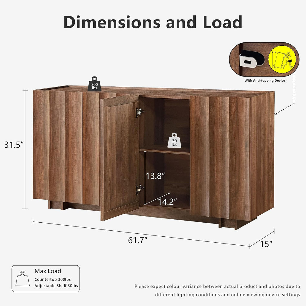 61.7" Fluted Sideboard Buffet Cabinet with Storage, Walnut | Mid Century Modern Credenza with Adjustable Shelves