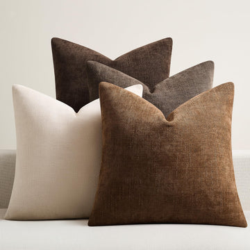 Pack of 4 Throw Pillow Covers 20x20 Inch Chenille Textured Neutral Brown Soft Pillow Covers Solid Decorative
