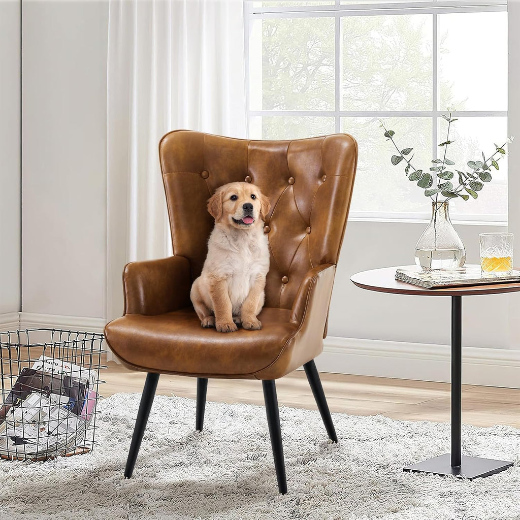 Accent Chairs Set of 2, Brown PU Leather Reading Armchair with High Backrest, Wingback Corner Chair Mid Century
