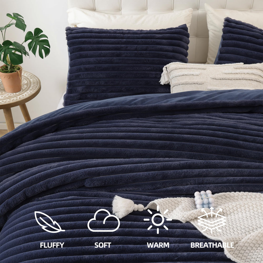 Fluffy Comforter 3 PCS - Navy Blue Fleece Bedding Set