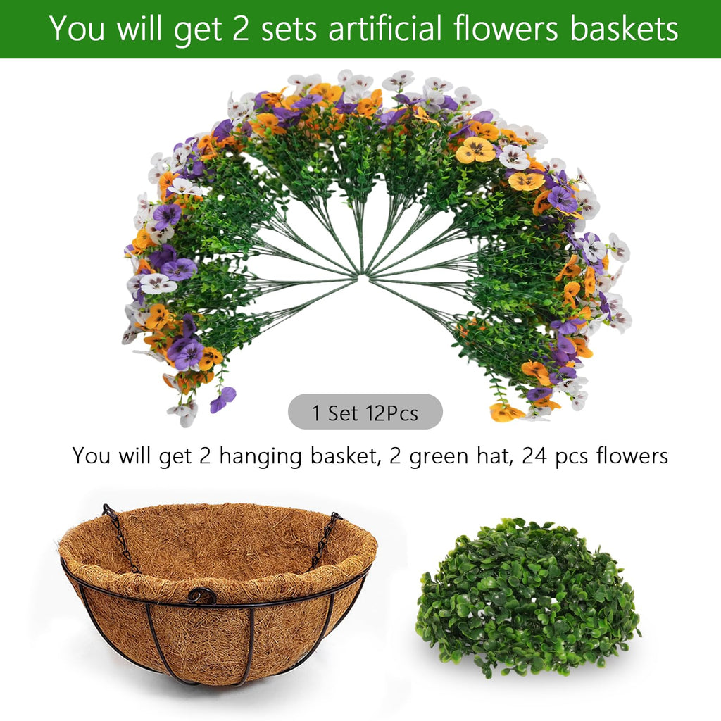 2 Set Artificial Hanging Flowers with Basket for Outdoor Decor