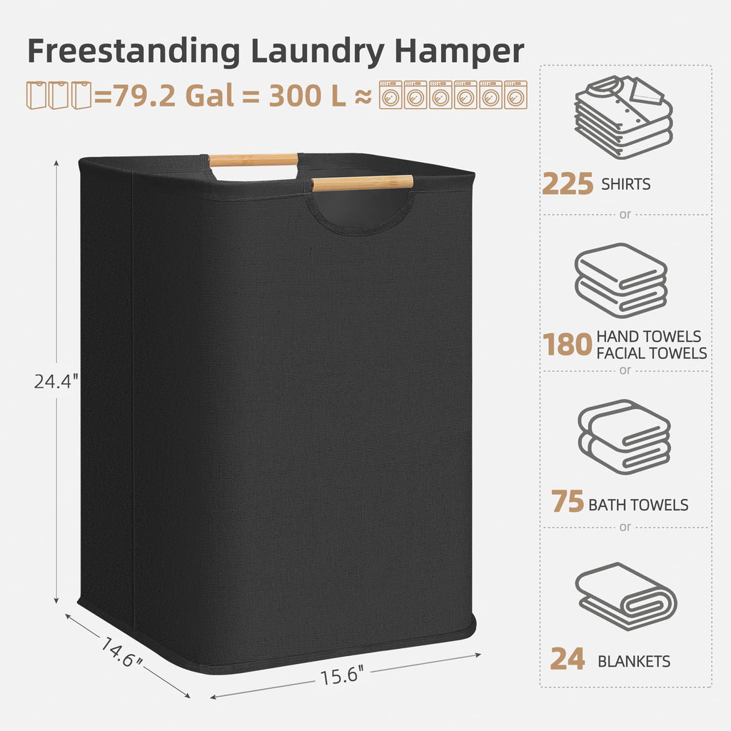 3-Pack Collapsible Laundry Hamper with Bamboo Handles, Black