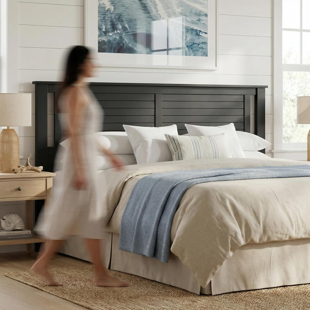 Serene Solid Wood Panel Headboard with Horizontal Scoring, King, Black, Easy Assembly, Quality Materials
