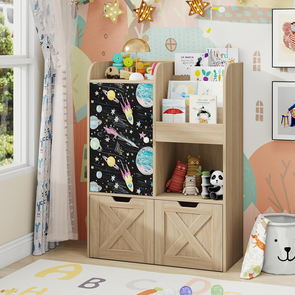 Kids Bookshelf with Reading Nook and Blackboard, 3-in-1 Toy Storage Organizer with 2 Movable Drawers, Wood Toy Chest
