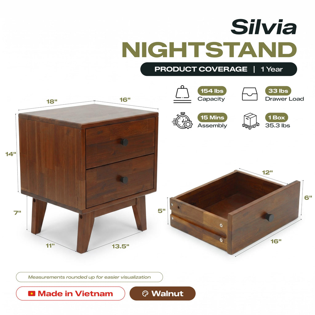 Silvia Nightstand with 2 Drawers, Solid Wood Bedside Table, Table with Storage Drawers, Bedside End Table with