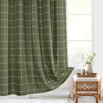 Green Boho Farmhouse Shower Curtain with Tassels, Rustic Cottagecore Aesthetic Bohemian Chic Modern Bathroom Decor