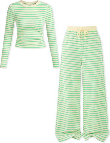 Girls Clothes 2 Piece Crew Neck Fitted Ruched Top High Waist Wide Leg Pants Fall Winter Girls Outfits
