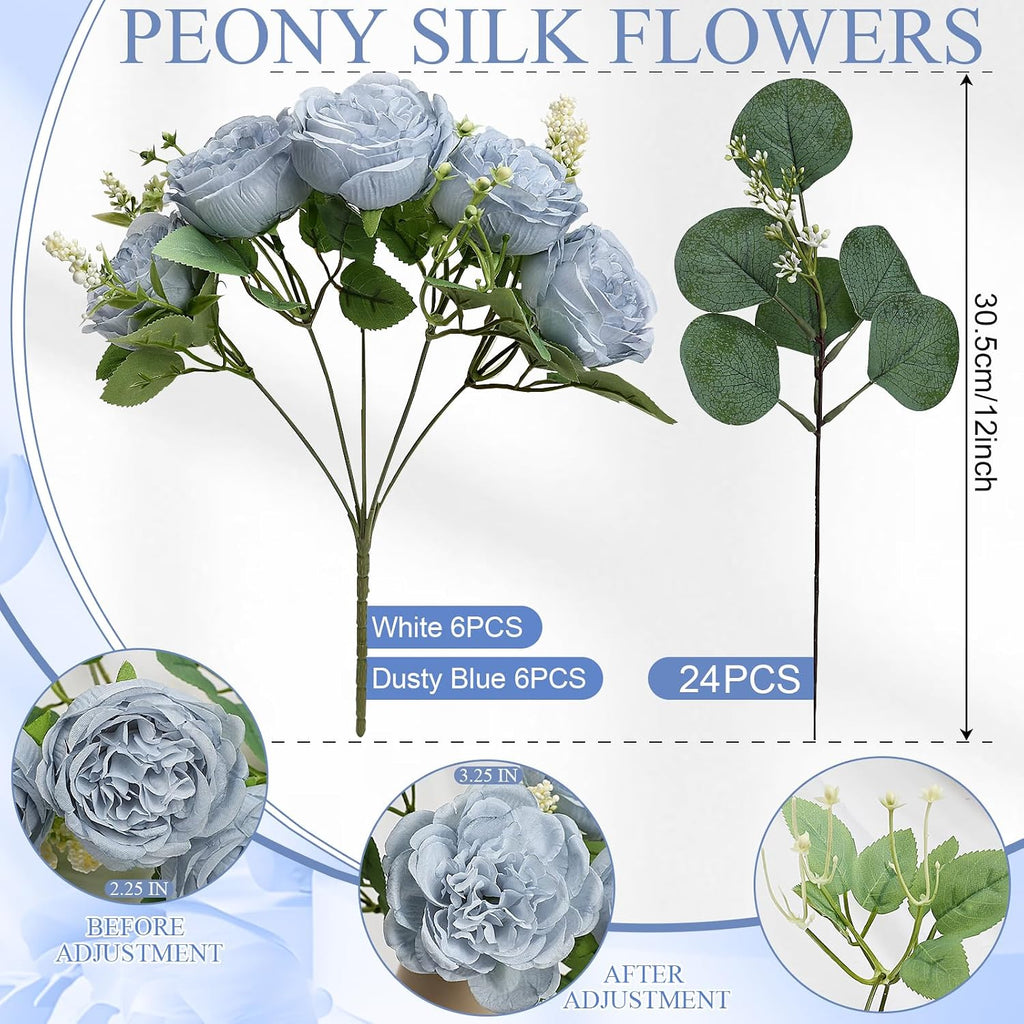 Peonies Artificial Flowers Bulk, 12 Bundles Fake Silk Peonies Faux Eucalyptus Bouquet Realistic Peony Floral
