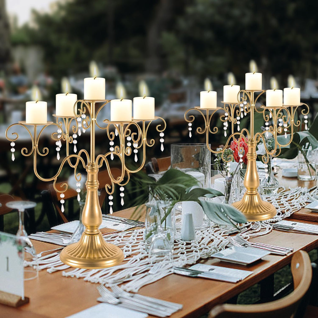15.3in Gold Candelabra Centerpieces for Tables, 5 Arm Crystal Candelabra for Pillar Candles, Metal Candelabra Candle