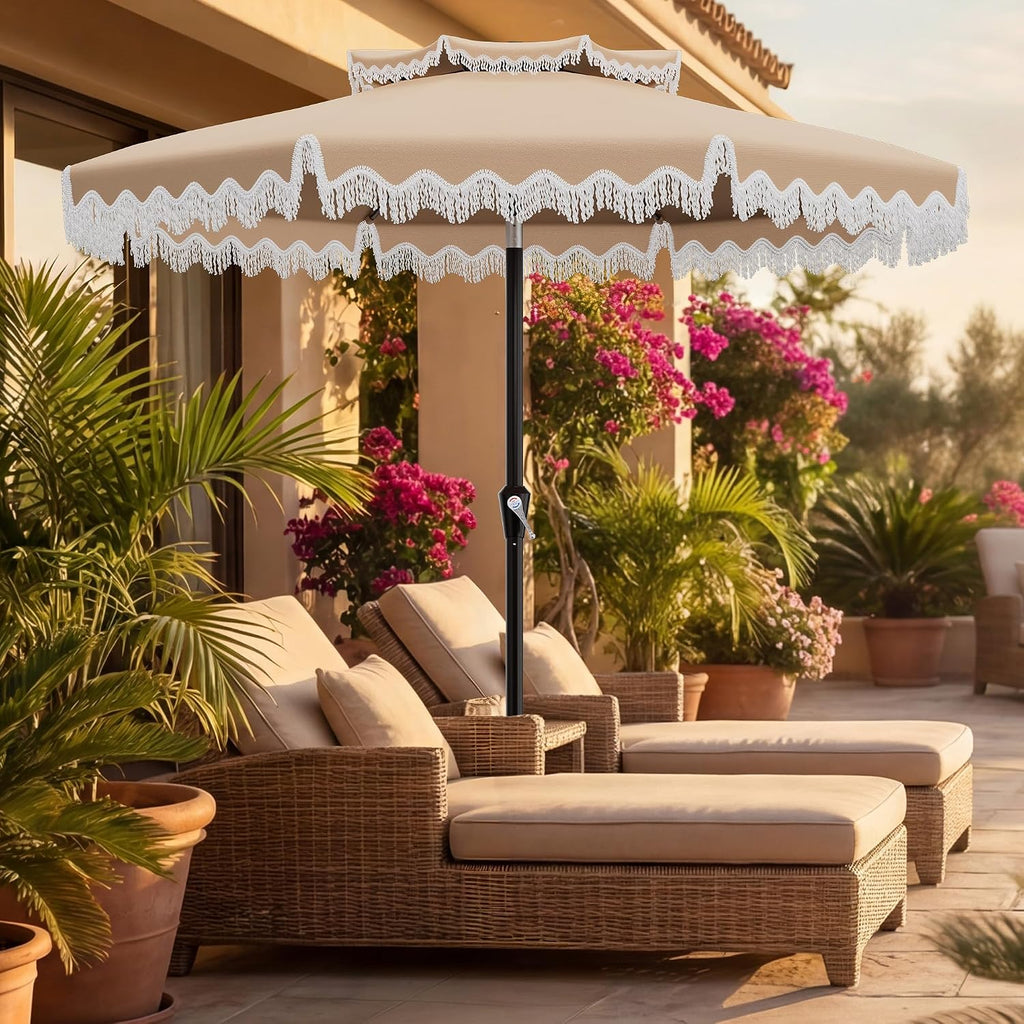 9ft Patio Umbrella with Fringe Tassels, Wind-Resistant Fiberglass Ribs - Beige