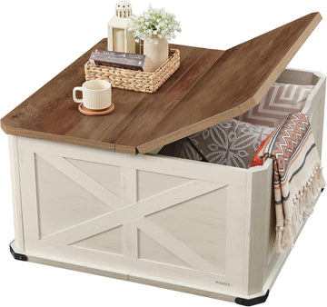 Collection - Farmhouse Coffee Table with Storage, Square Center Coffee Table, with Hidden Compartment
