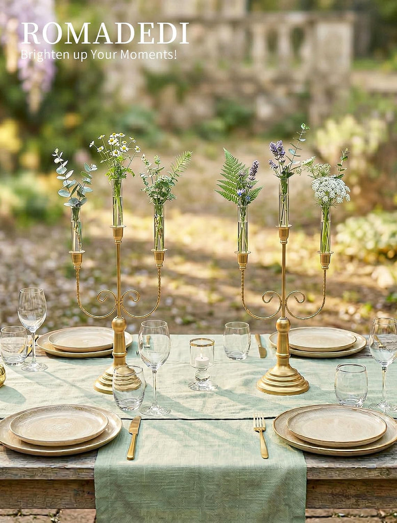 Candelabra Gold Candlestick Holders - 15.7" Tall 3 Arm Metal Taper Candle Holdereplace Mantel Christmas Decor, Set of 6
