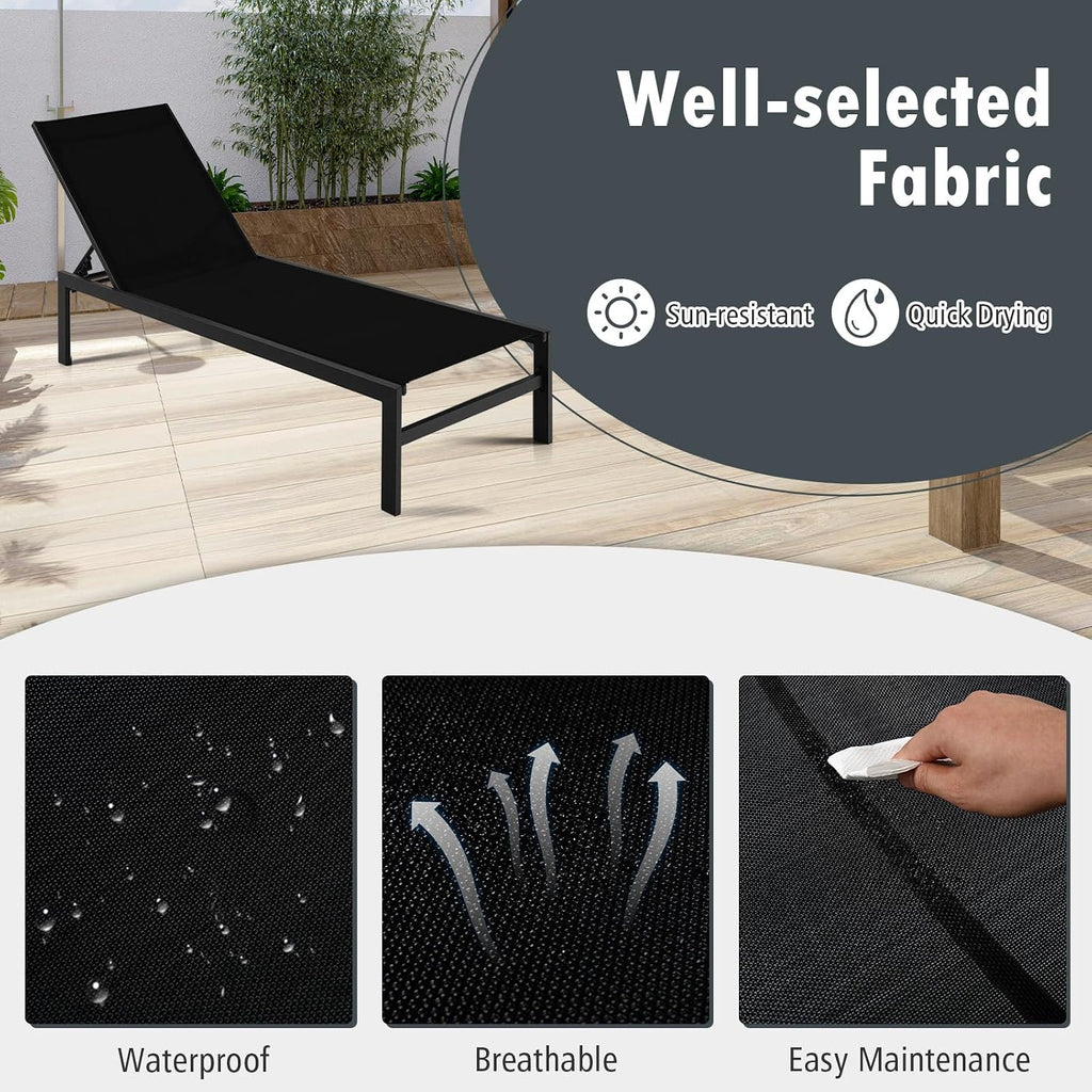 Lounge Chair Outdoor, Aluminum Frame Chaise Lounge with 6-Position Adjustable, Breathable Fabric, Lightweight Patio
