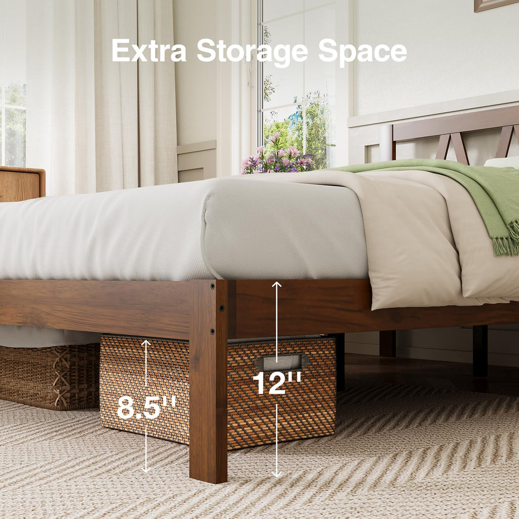 12 Inch Full Size Bed Frame Full Bed Frames with Headboard Solid Wooden BedFrame Foundation, No Box Spring Needed