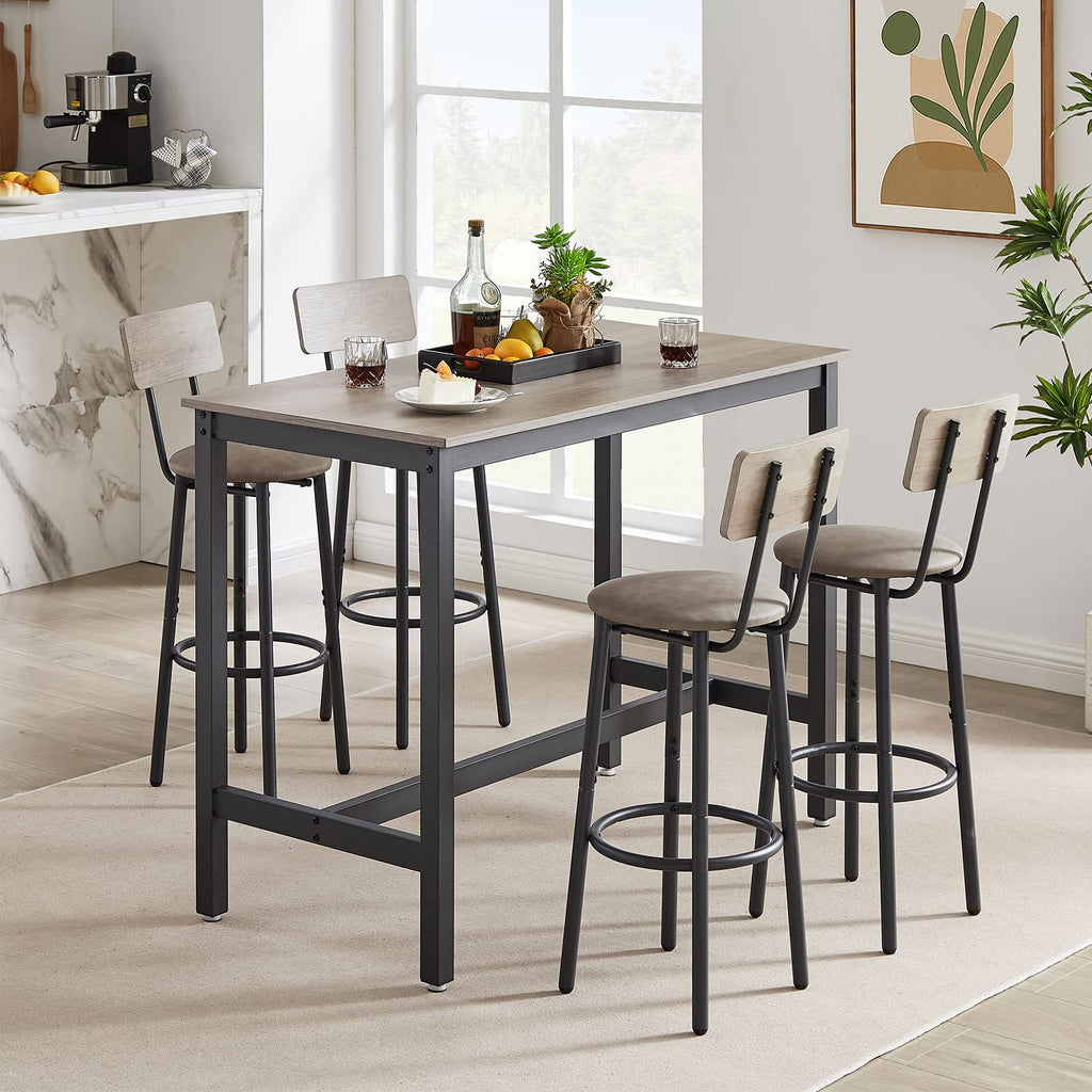 Bar Table and Chairs Set for 4, 5 Pieces Industrial Counter Height Pub Table and 4 PU Soft Stools with Backrest, High