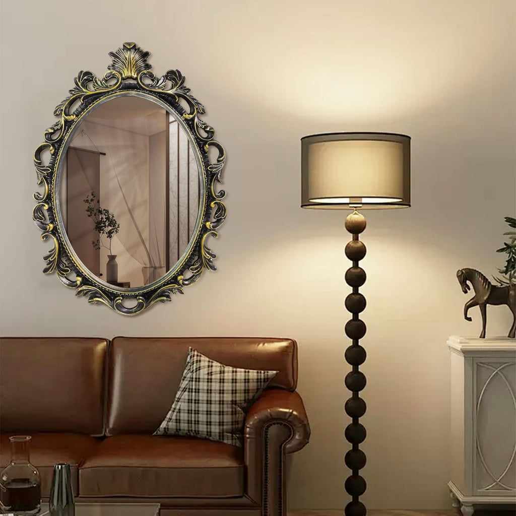Black Oval Wall Mirror, Vintage Style Gothic Scroll