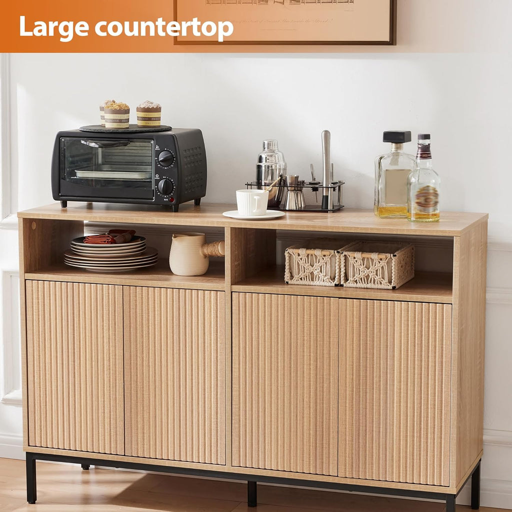 Farmhouse Buffet Sideboard Cabinet with Storage, Fluted Coffee Bar with Doors and Adjustable Shelves