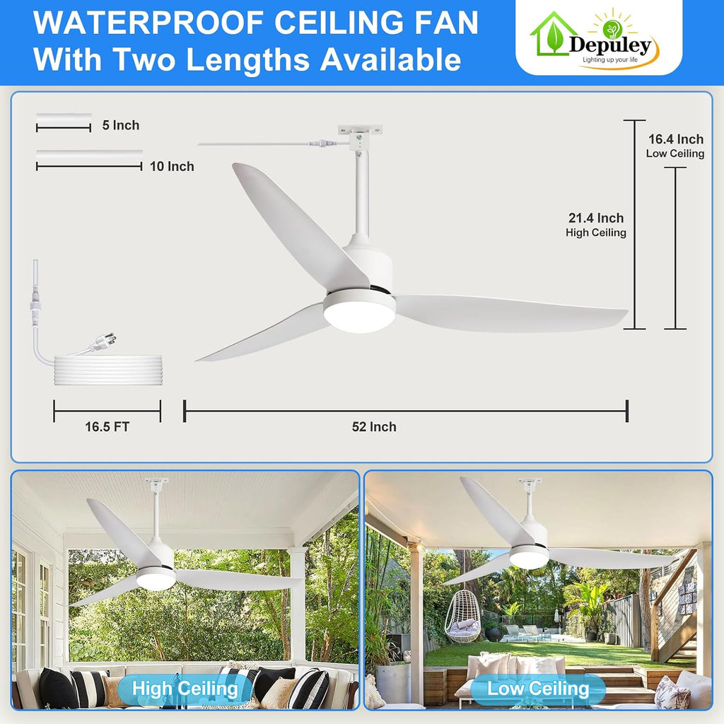 52 Inch White Waterproof Gazebo Fans with Lights Outdoor Hanging - Plug in Remote App Control for Patios Farmhouse Porch - 6 Speed Reversible DC Motor