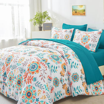 Boho Comforter Set - 7 Pieces Bed in a Bag Floral Medallions Design, Bohemian Comforter Set with Sheets