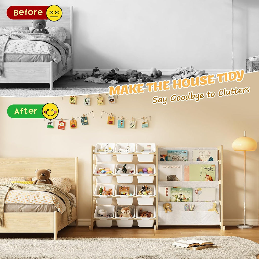 Toy Storage Organizer with Bookshelf, Kids Toy Organizer and Storage Shelf with 12 White Bins, Solid Pine Wood Book