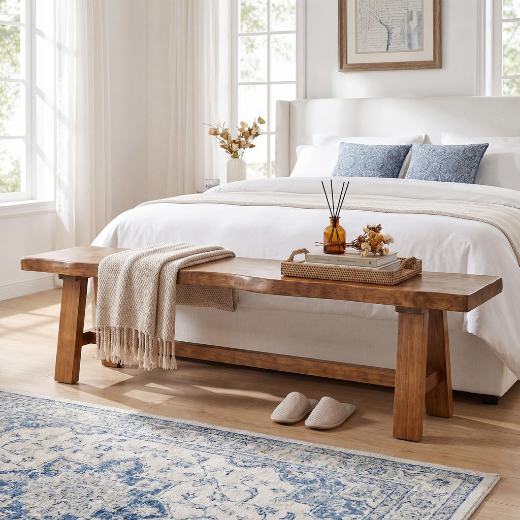 Solid Wood Entryway Bench, 63" Long Bed Bench with Angled Legs, Farmhouse Seating Benches, Rustic Brown