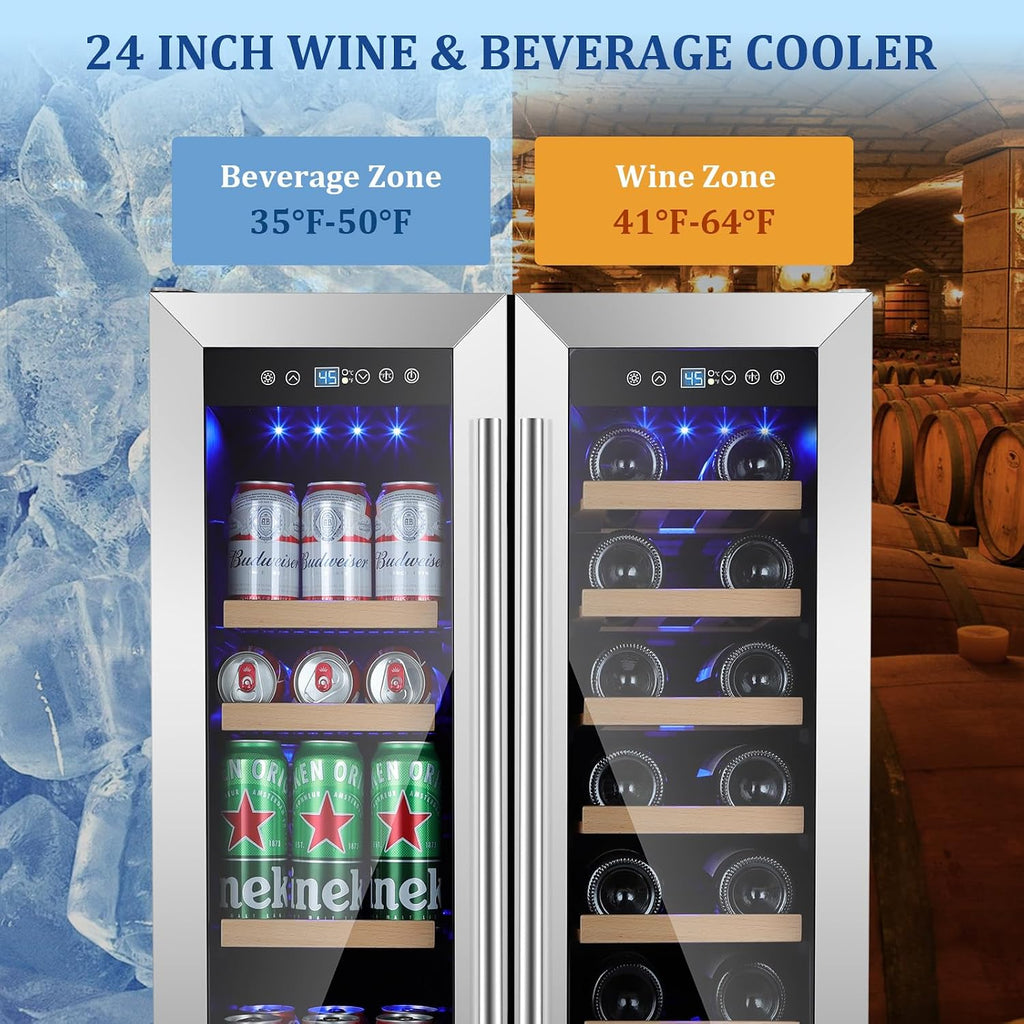 24 Inch Wine and Beverage Refrigerator, Dual Zone Beverage Cooler with Glass Door, Built