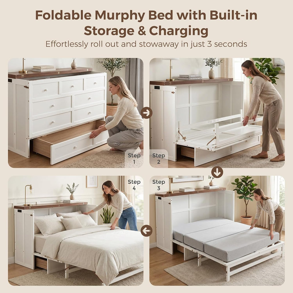 Queen Murphy Bed with Storage Drawer and USB Port, Wall Murphy Bed Frame with Charging Station, Foldable Cabinet