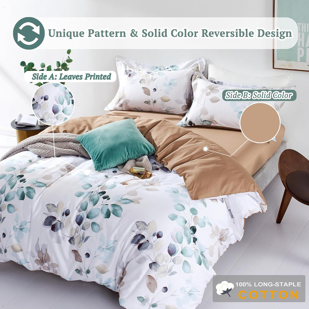 Floral Duvet Cover Set - 100% Long-Staple Cotton Green Leaves Pattern Printed Comforter Cover 3pcs Soft Breathable