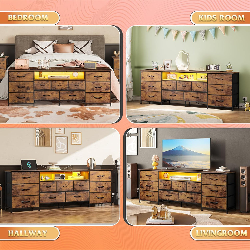75.5" TV Stand for 65, 75, 80, 85 Inch TV, Dresser for Bedroom with Power Outlets & LED Lights, 11 Drawer Fabric