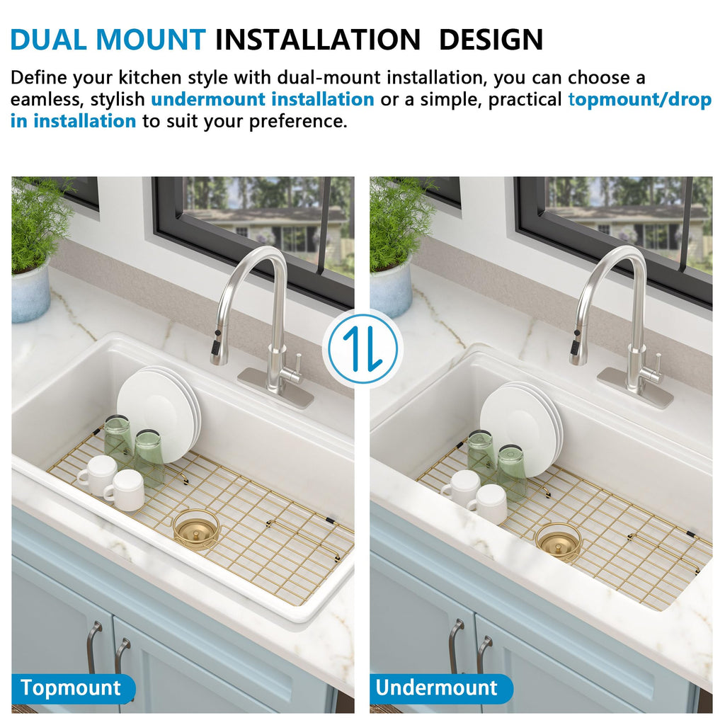 33"x19" White Undermount Kitchen Sink Workstaion - High-Gloss Ceramic Porcelain Fireclay Dual Mount Single Bowl Drop