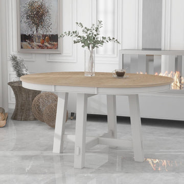 42"-58" Farmhouse Extendable Dining Table for 4-6, Solid Wood Round Dining Table with 16" Leaf & X-Shaped Base