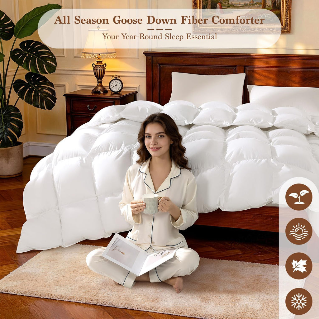 Goose Down Comforter Queen, 600 TC Cotton Cover, 850+ Fill Power, All Season Duvet Insert, 3D Baffle