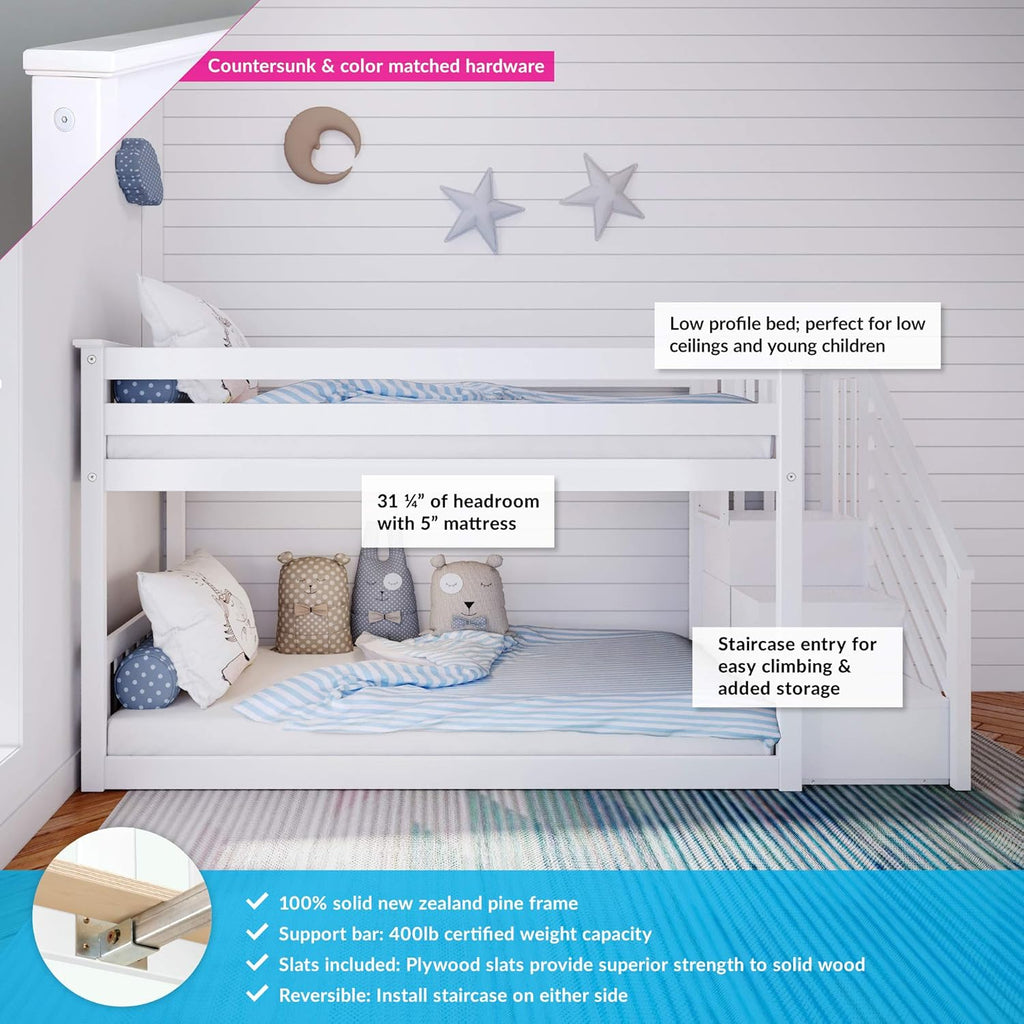 Low Bunk Bed, Twin-Over-Twin Bed Frame For Kids With Stairs, White