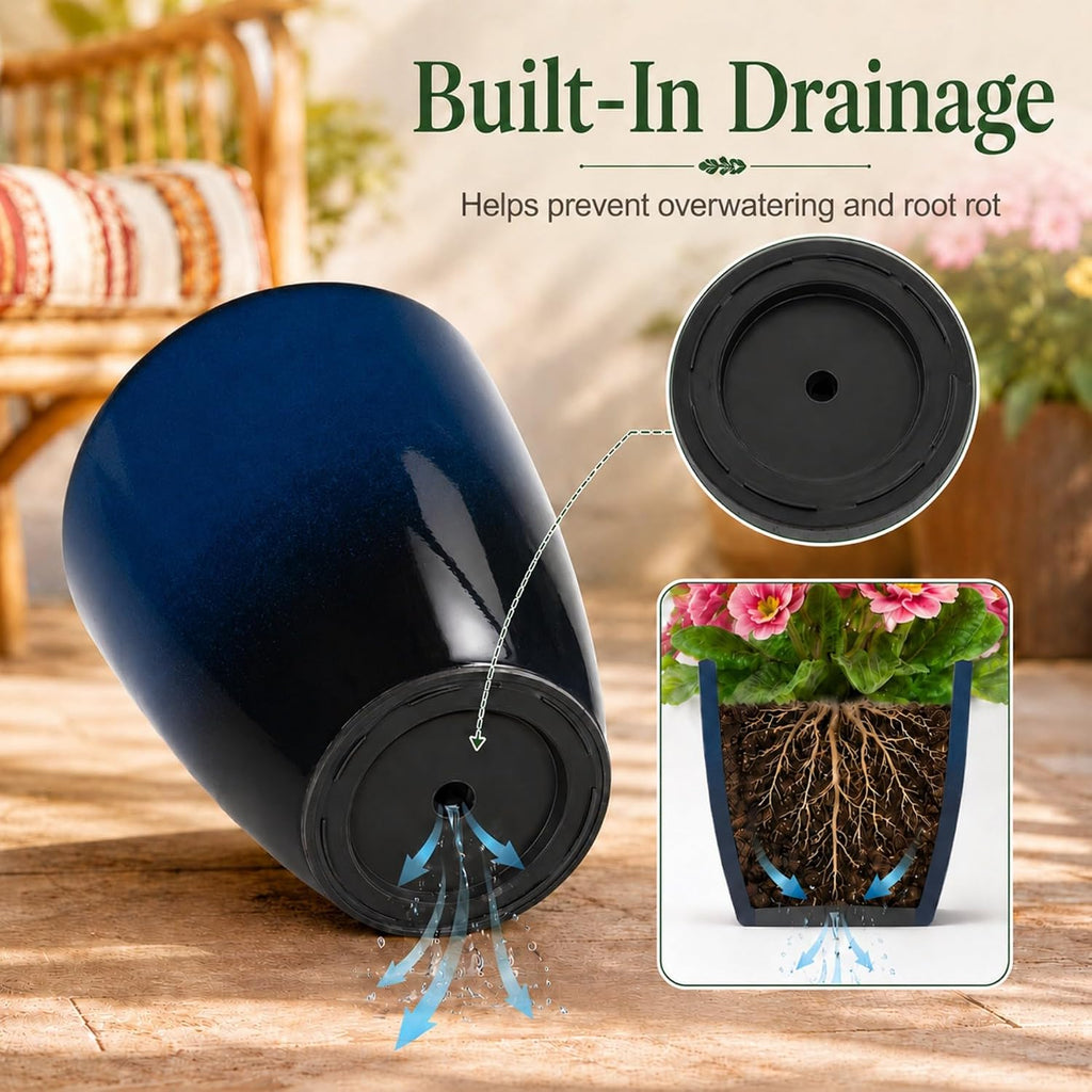 Set of 3 Tall Planter, 24/21/12in Large Planter, Dark Blue | Ceramic-Look, Lightweight, Built-in Drain Hole, Saucers