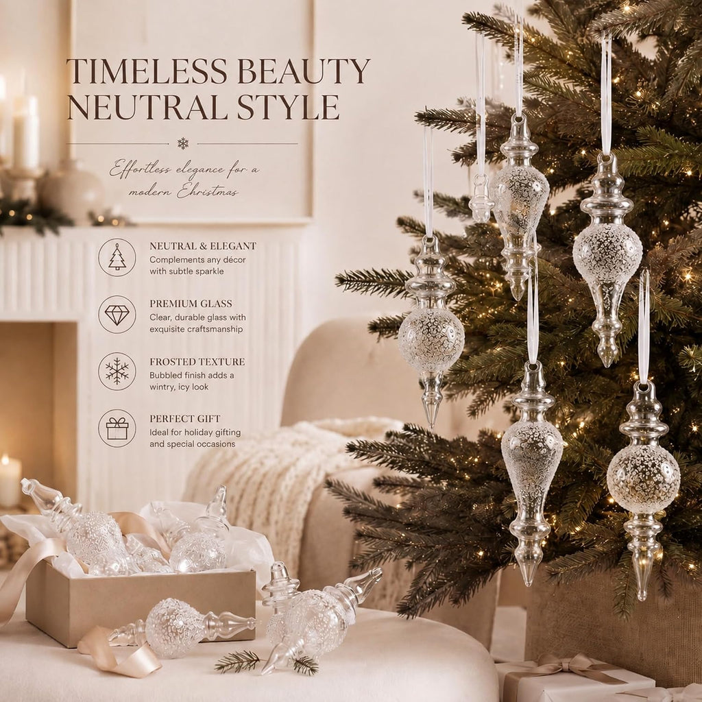 Clear Glass Finial Christmas Ornaments, 5-7 Inch - Set of 6